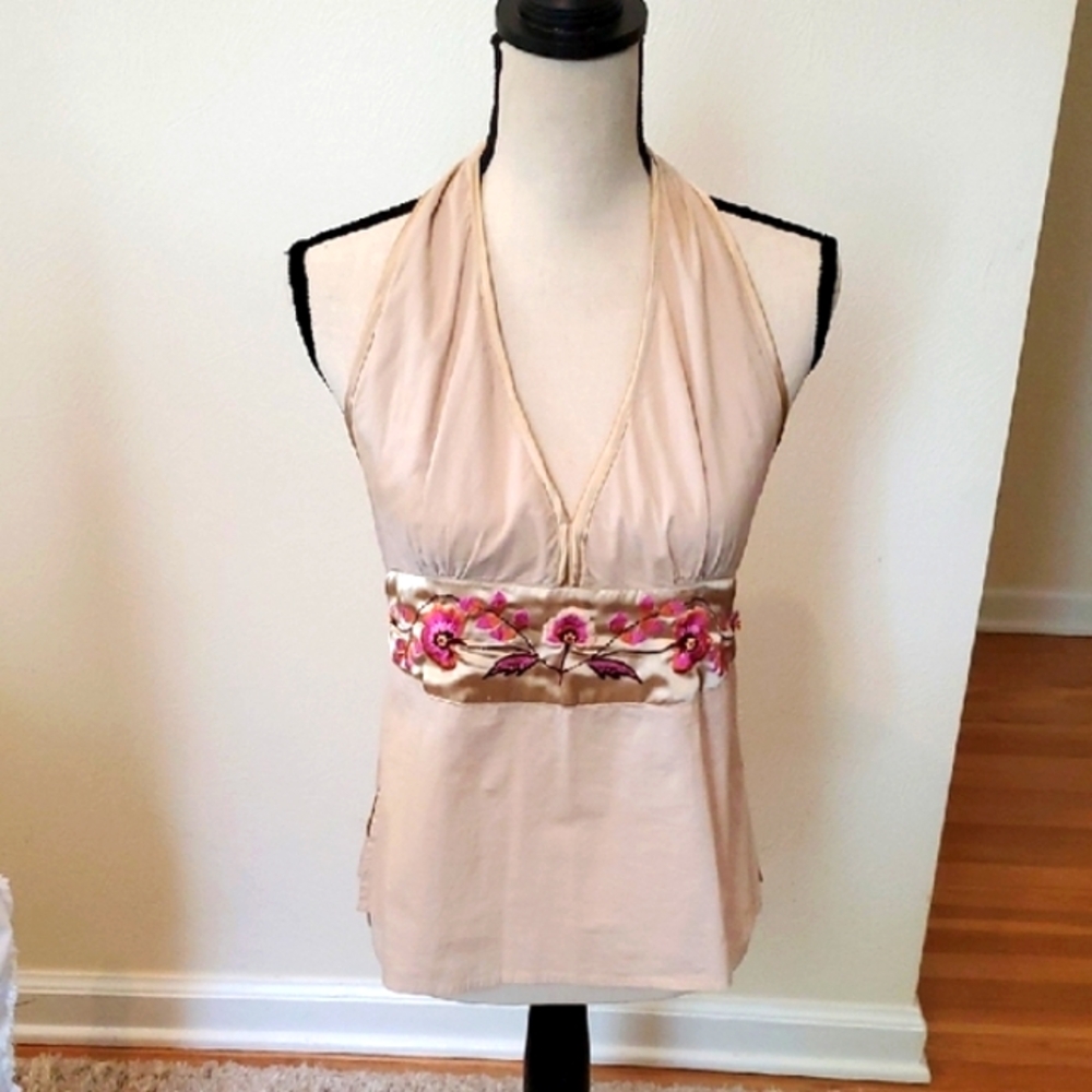 🥀Chic Anthropologie Tan Halter Top with Satin Pink Floral Design